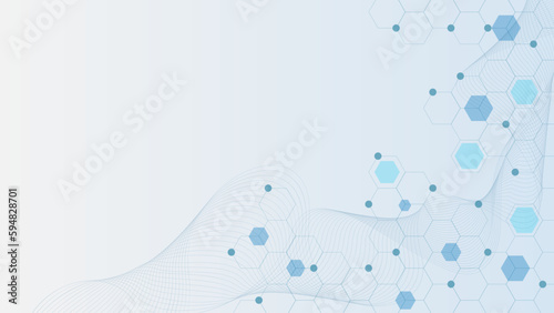 Abstract hexagonal with particles and wave flow for medical concept background design.
