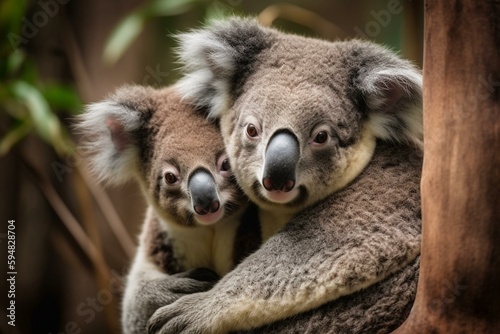 Mother and Child Koala Bears Cuddling in a Heartwarming Moment. Generative AI