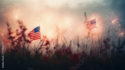Sparkling fireworks in red white and blue with grass and flowers and American flags. Generative AI. 