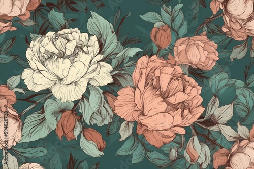 Roses and peonies in a vintage pattern with a light background, generative AI