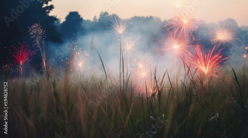 Sparkling fireworks in red white and blue with grass and flowers. Generative AI. 