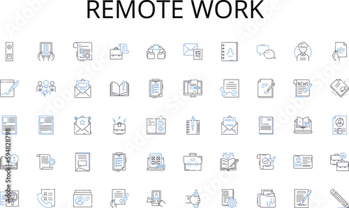 Remote work line icons collection. Creativity, Strategy, Branding, Design, Advertising, Innovation, Marketing vector and linear illustration. Identity,Vision,Storytelling outline signs set