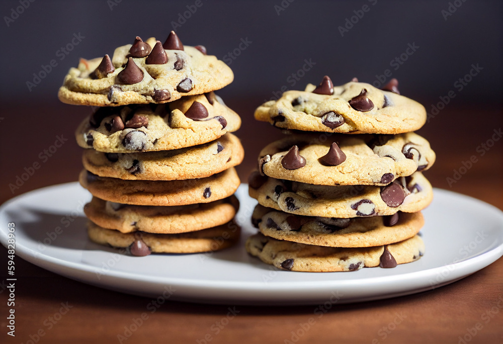 stack of chocolate chip cookies on plate, generative AI stack of chocolate chip cookies on plate, generative AI