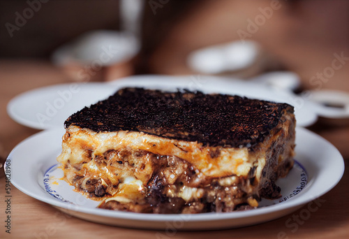 moussaka traditional Greek dish, casserole prepared on the basis of eggplant, tomatoes and minced meat, generative AI