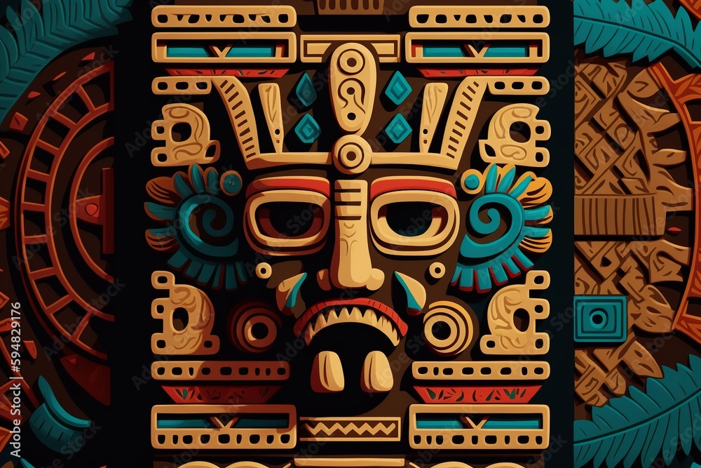 2D flat Mayan totem plank background,Generative AI