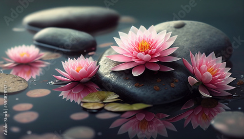 Beautiful flowers and stones on water  pink spa flowers on hot spa stones on water  Generative AI