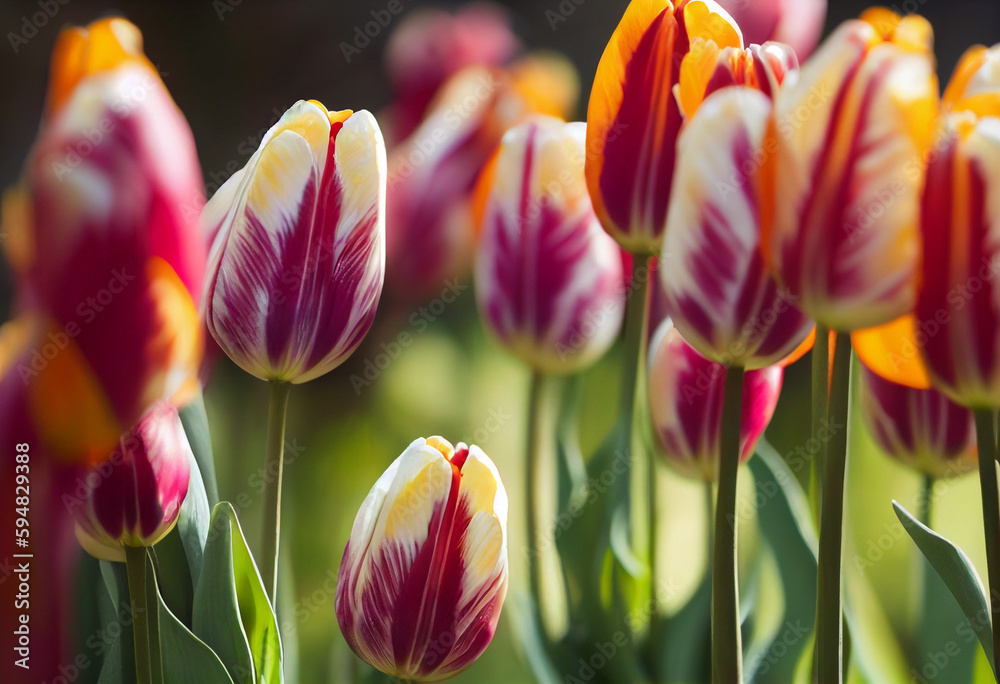 Fototapeta premium beautiful two-tone pink and white tulips in a tulip plantation, generative AI