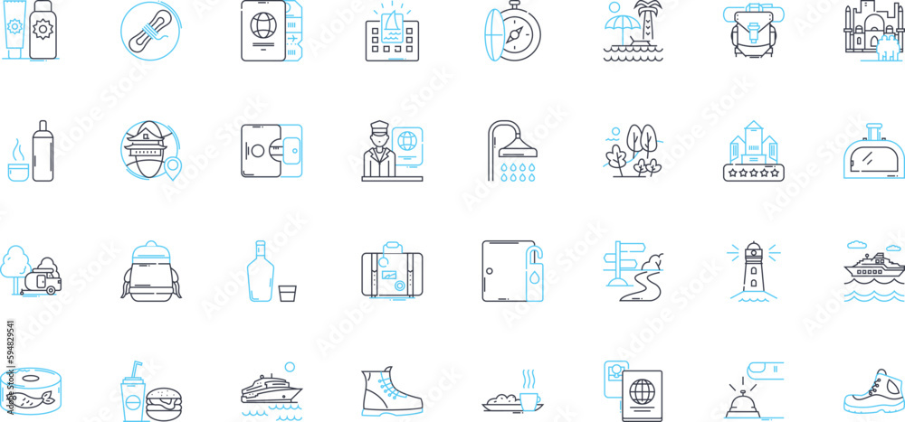 Adventure excursion linear icons set. Expedition, Trek, Safari, Journey, Odyssey, Voyage, Quest line vector and concept signs. Explore,Discover,Adrenaline outline illustrations