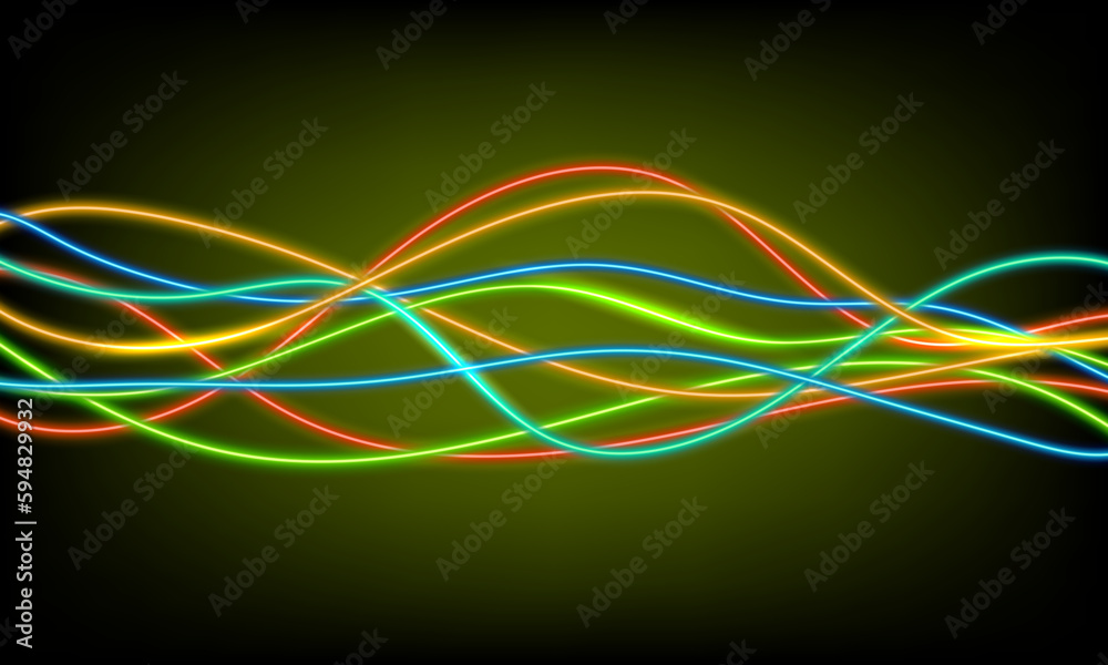 Abstract colorful neon wave gradient with line glowing on dark background. Futuristic creative shine backdrop. 3d render. Curved fantastic blend wavy lines geometric equalizer. Vector illustration. Abstract colorful neon wave gradient with line glowing on dark background. Futuristic creative shine backdrop. 3d render. Curved fantastic blend wavy lines geometric equalizer. Vector illustration.
