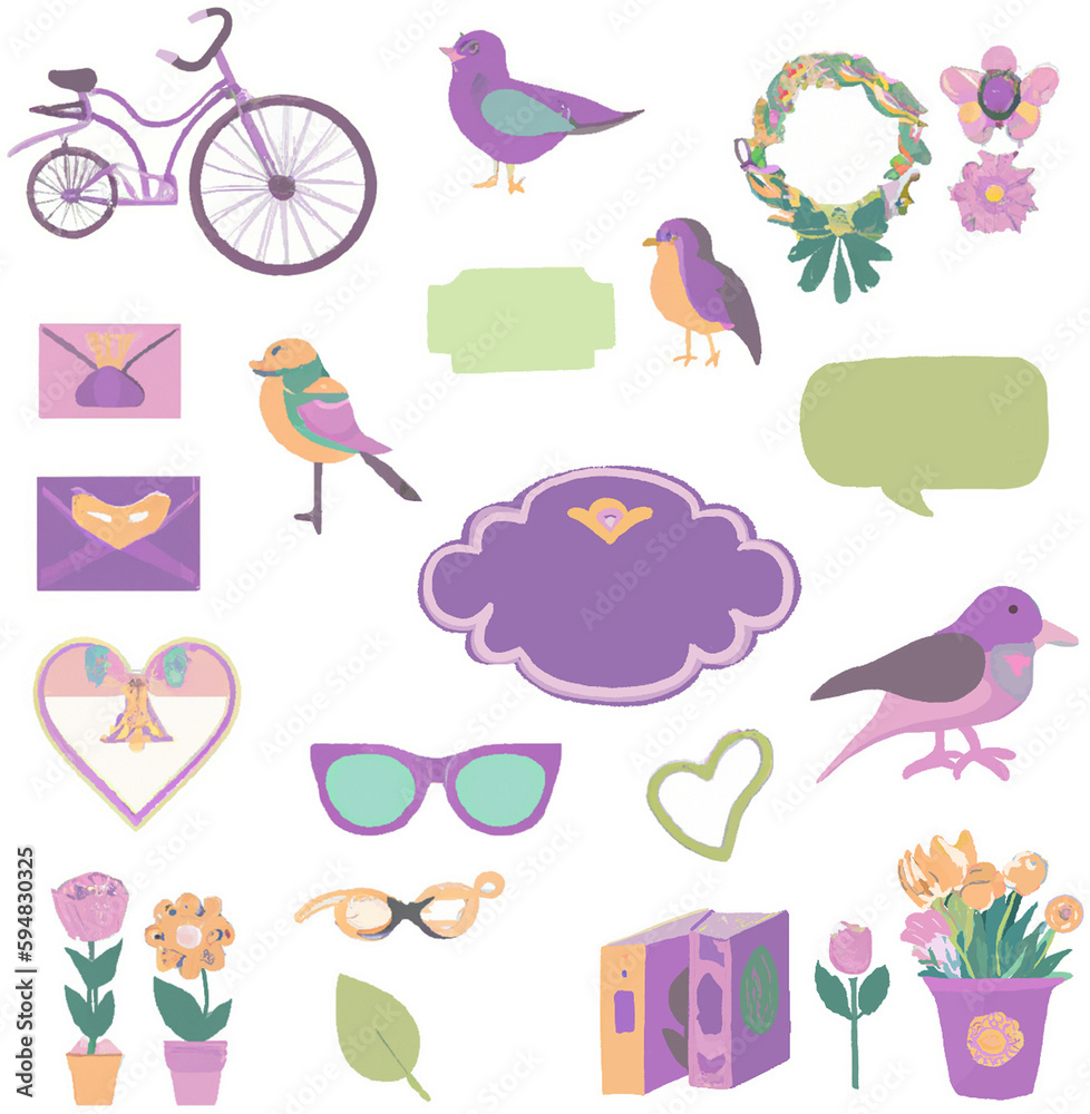 Naklejka premium Vintage stickers, birds, bicycles, letters, sunglasses, hearts, books, potted plants. Ai
