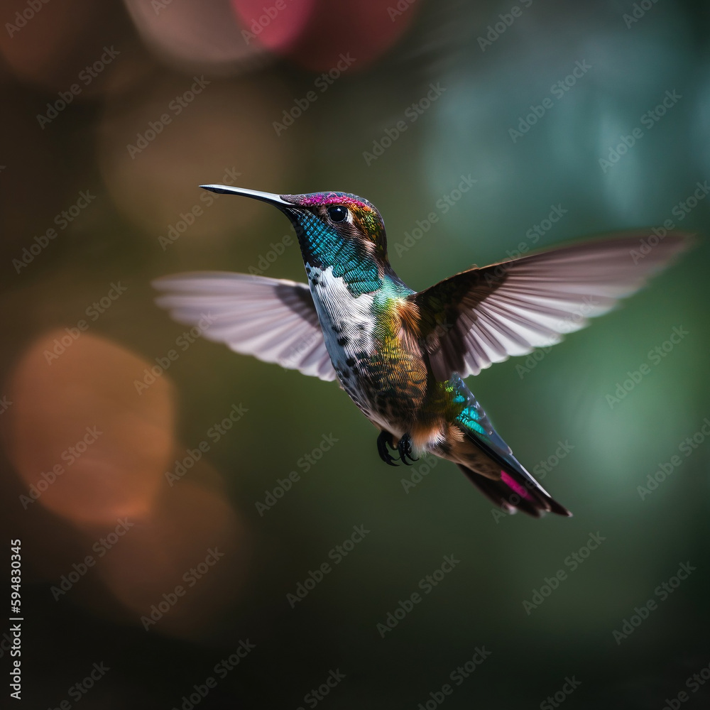 Fototapeta premium Hummingbirds are small, colorful birds known for their ability to hover in mid-air by rapidly flapping their wings. They are found in the Americas