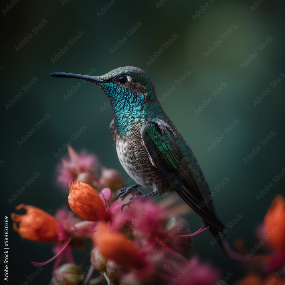Obraz premium Hummingbirds are small, colorful birds known for their ability to hover in mid-air by rapidly flapping their wings. They are found in the Americas