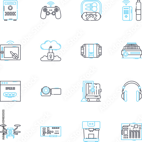 Electronic workplaces linear icons set. Digitized, Automated, Electronically-connected, Streamlined, Cybernetic, Efficient, Smart line vector and concept signs. Integrated,High-tech,Computerized