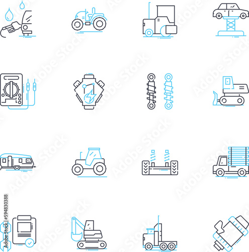 SUV parts linear icons set. Bumper, Headlights, Tires, Exhaust, Grille, Suspension, Brakes line vector and concept signs. Wiper blades,Battery,Radiator outline illustrations