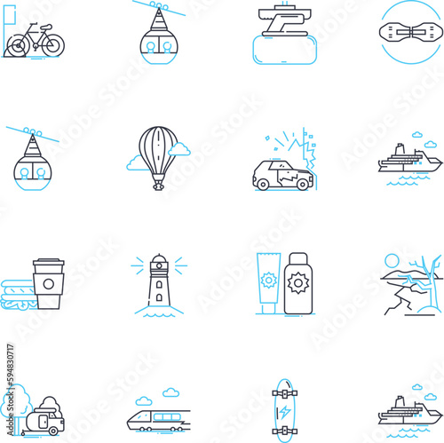 Extensive trip linear icons set. Expedition, Journey, Traverse, Odyssey, Safari, Adventure, Excursion line vector and concept signs. Trek,Exploration,Voyage outline illustrations