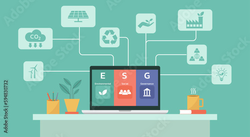 ESG environment social governance investment business strategy on laptop screen display concept with icons of green energy, renewable, reduce pollution and carbon emission, vector flat illustration