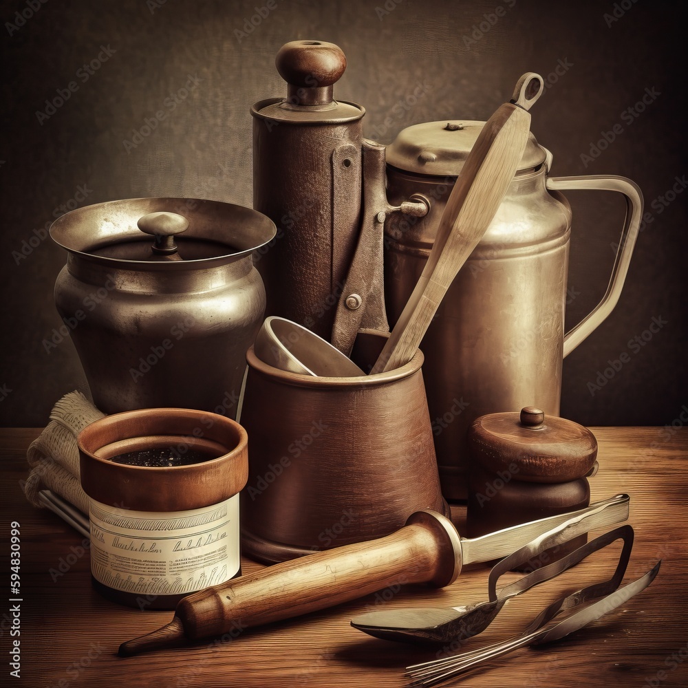 Vintage kitchen tools on a wooden table ai, ai generative, illustration