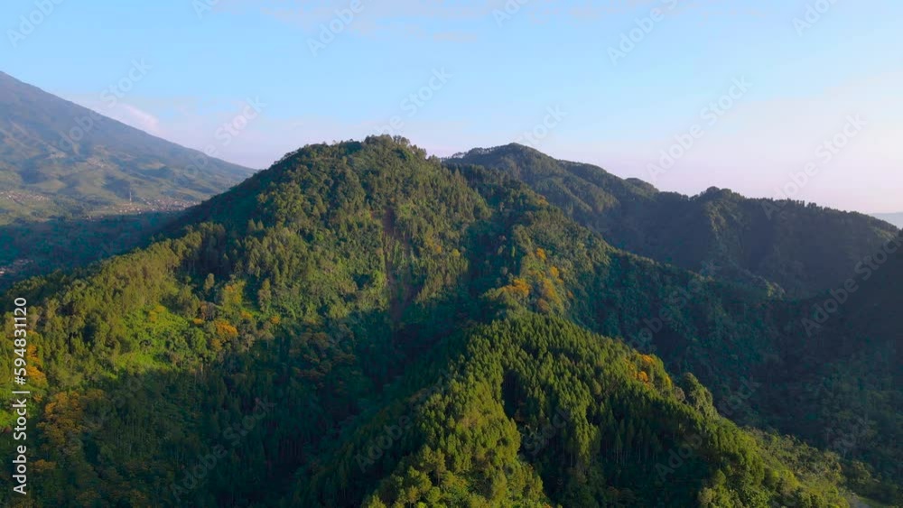 Sliding shot Flyover the hills overgrown dense of trees with slightly mist. The sunray illuminates of the hillsides. Aerial view of tropical forest and hill - Orbit 4K Drone shot Sliding shot Flyover the hills overgrown dense of trees with slightly mist. The sunray illuminates of the hillsides. Aerial view of tropical forest and hill - Orbit 4K Drone shot