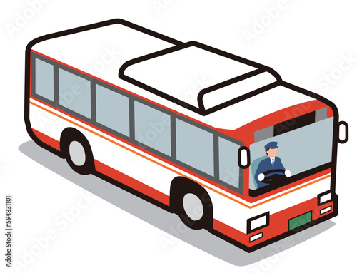 バス車両と運転手、斜め上前から見ているベクターイラスト
