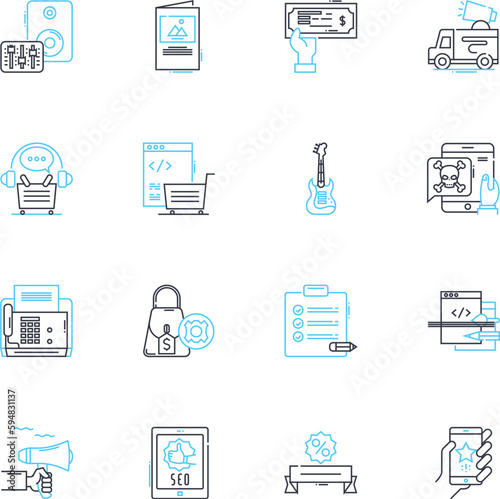 Media planning linear icons set. Strategy, Budget, Targeting, Research, Advertising, Demographics, Channels line vector and concept signs. Optimization,Metrics,Analytics outline illustrations