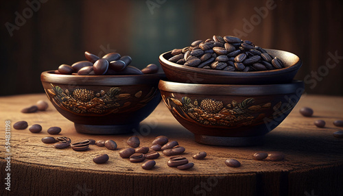 Coffee beans in tiny wooden bowls on an antique wooden background, Generative AI