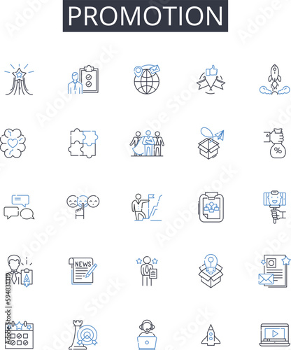 Promotion line icons collection. Advertisement, Marketing, Publicity, Exposure, Advancement, Propagation, Advocacy vector and linear illustration. Boost,Push,Branding outline signs set