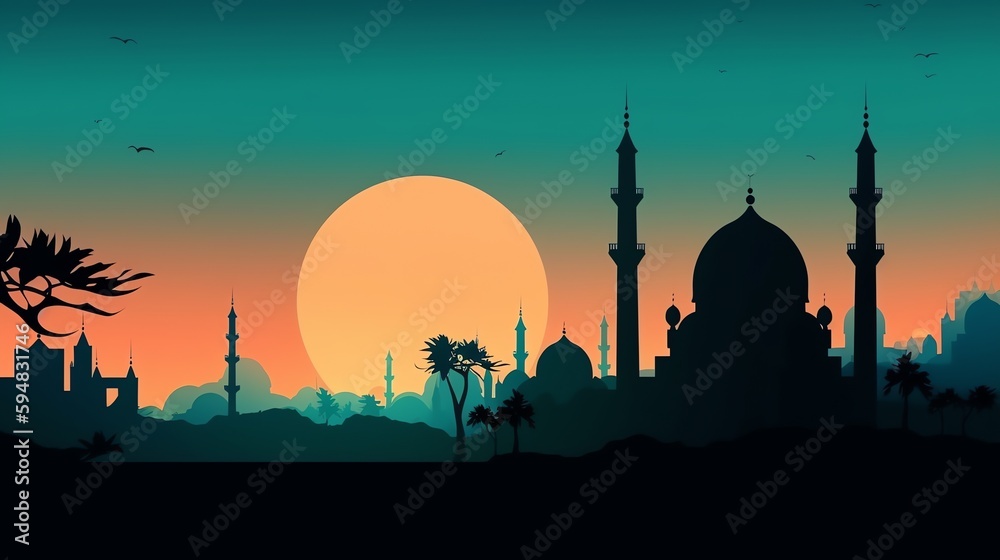 The dark silhouette of a mosque set against a glowing sunrise.