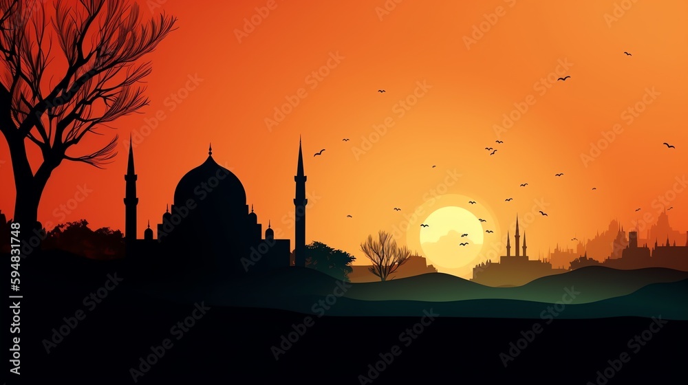 A mosque silhouette against a beautiful dawn background.