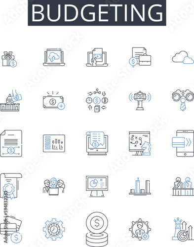 Budgeting line icons collection. Accounting, Financing, Saving, Economizing, Restricting, Thriftiness, Frugality vector and linear illustration. Cutting back,Bargaining,Pinching pennies outline signs