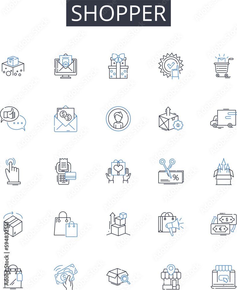 Shopper line icons collection. Consumer, Buyer, Customer, Patron, Client, User, Purchaser vector and linear illustration. Shopaholic,Window-shopper,Bargain hunter outline signs set