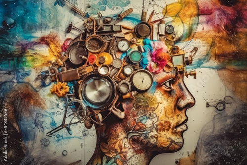 art collage, illustration representing a head abstract creative ideas, imagination collage, generative ai