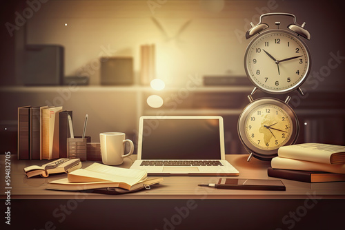 business concept, a work table with business objetcs, in office, with clocks, time, generative ai