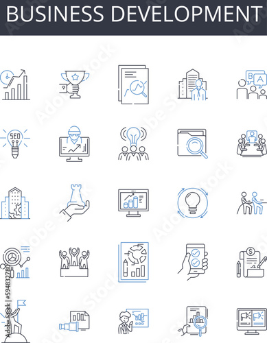 Business development line icons collection. Marketing strategy, Product management, Human resources, Sales technique, Financial management, Customer service, Brand awareness vector and linear