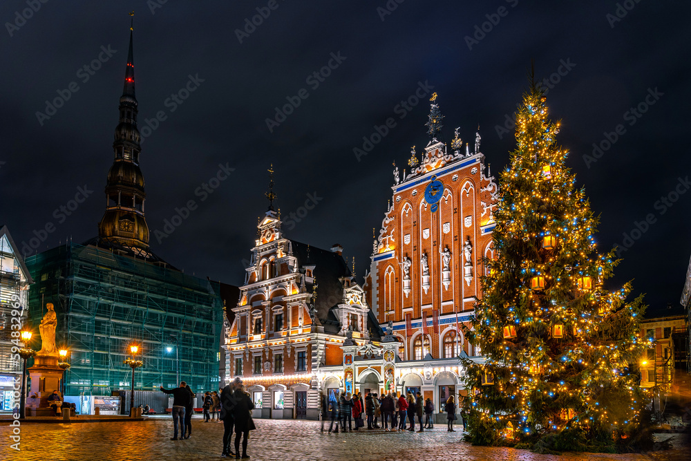 Riga, Latvia - House of the Black Heads with Christmas tree in front