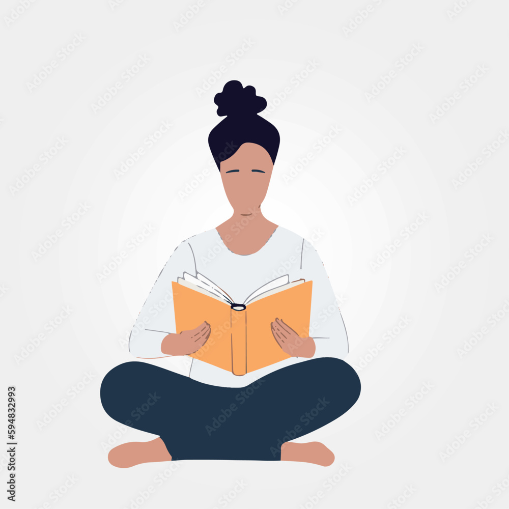 woman reading book sitting, vector illustration