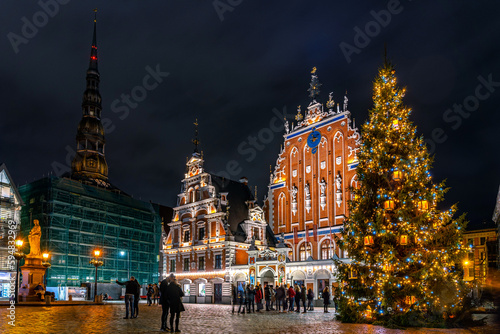Riga, Latvia - House of the Black Heads with Christmas tree in front