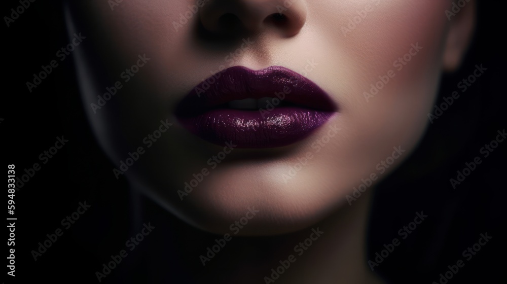 A close up of beautiful female lips with plum lipstick. Generative AI. A close up of beautiful female lips with plum lipstick. Generative AI.