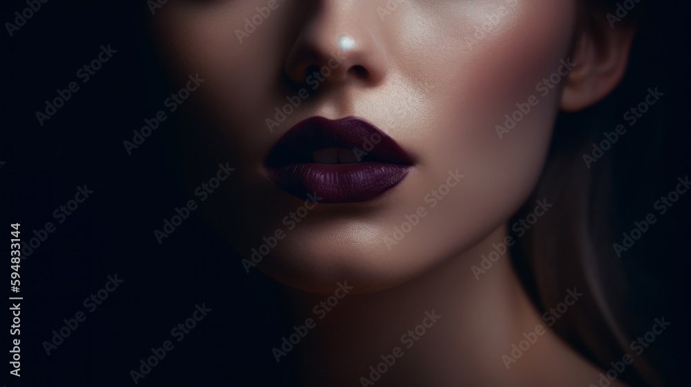 A close up of beautiful female lips with plum lipstick. Generative AI. A close up of beautiful female lips with plum lipstick. Generative AI.