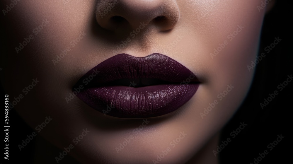 Fototapeta premium A close up of beautiful female lips with plum lipstick. Generative AI. 