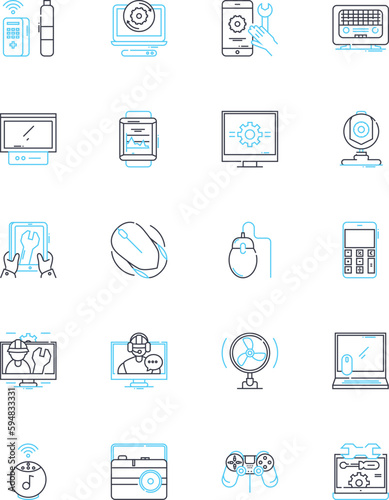 Smart devices linear icons set. Innovation, Connectivity, Efficiency, Automation, Convenience, Intelligence, Sustainability line vector and concept signs. Integration,Accessibility,Mobility outline