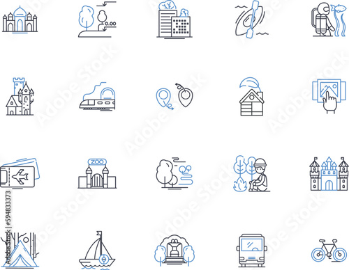 Expedition abroad line icons collection. Adventure, Exploration, Discovery, Culture, Travel, Escape, Wanderlust vector and linear illustration. Journey,Wilderness,Survival outline signs set
