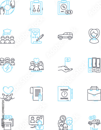 Mobile banking linear icons set. Convenience, Security, Efficiency, Accessibility, Flexibility, Innovation, Mobility line vector and concept signs. Simplicity,Technology,Speed outline illustrations