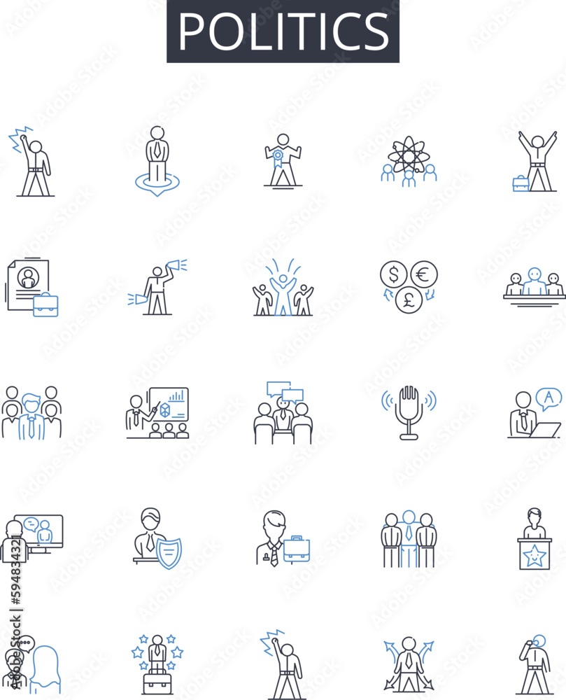 Politics line icons collection. Governmental affairs, Statecraft, Public affairs, Civic society, Political science, National interest, Public policy vector and linear illustration. Governance system