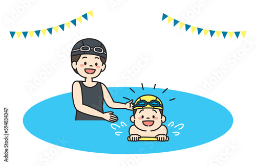 水泳教室で水泳を習う女の子と先生のイラスト	