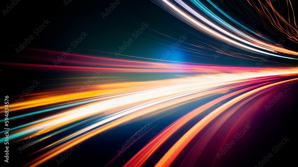 Abstract long exposure dynamic speed light trails background. Generative AI