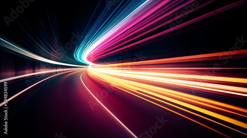 Abstract long exposure dynamic speed light trails background. Generative AI