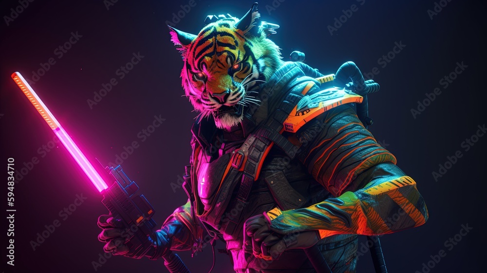 tiger neonpunk, digital art illustration, Generative AI
