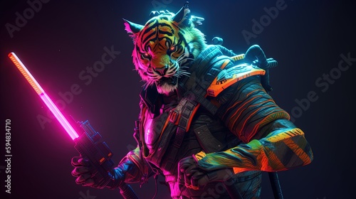 tiger neonpunk, digital art illustration, Generative AI