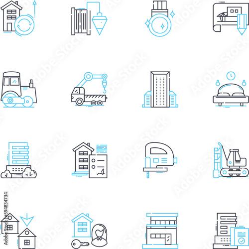 Cityscape shaping linear icons set. Architecture, Urbanization, Skyscrapers, Landmarks, Streetscapes, Infrastructure, Development line vector and concept signs. Skyline,High-rise,Transportation