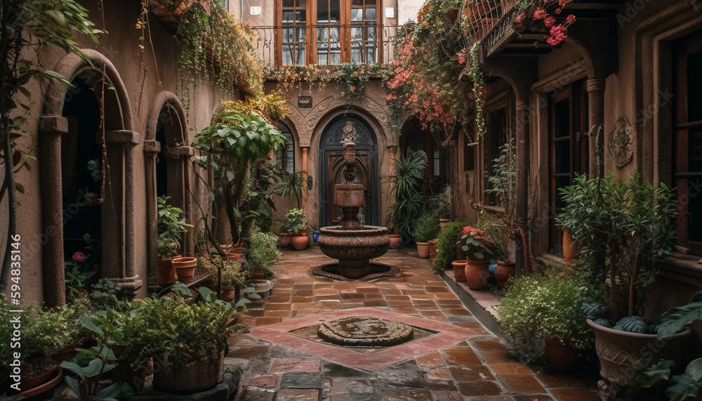 Tranquil courtyard, adorned with nature decoration generated by AI